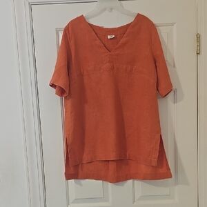 Linenbee Relaxed V-Neck Linen Tunic in Burnt Orange Large